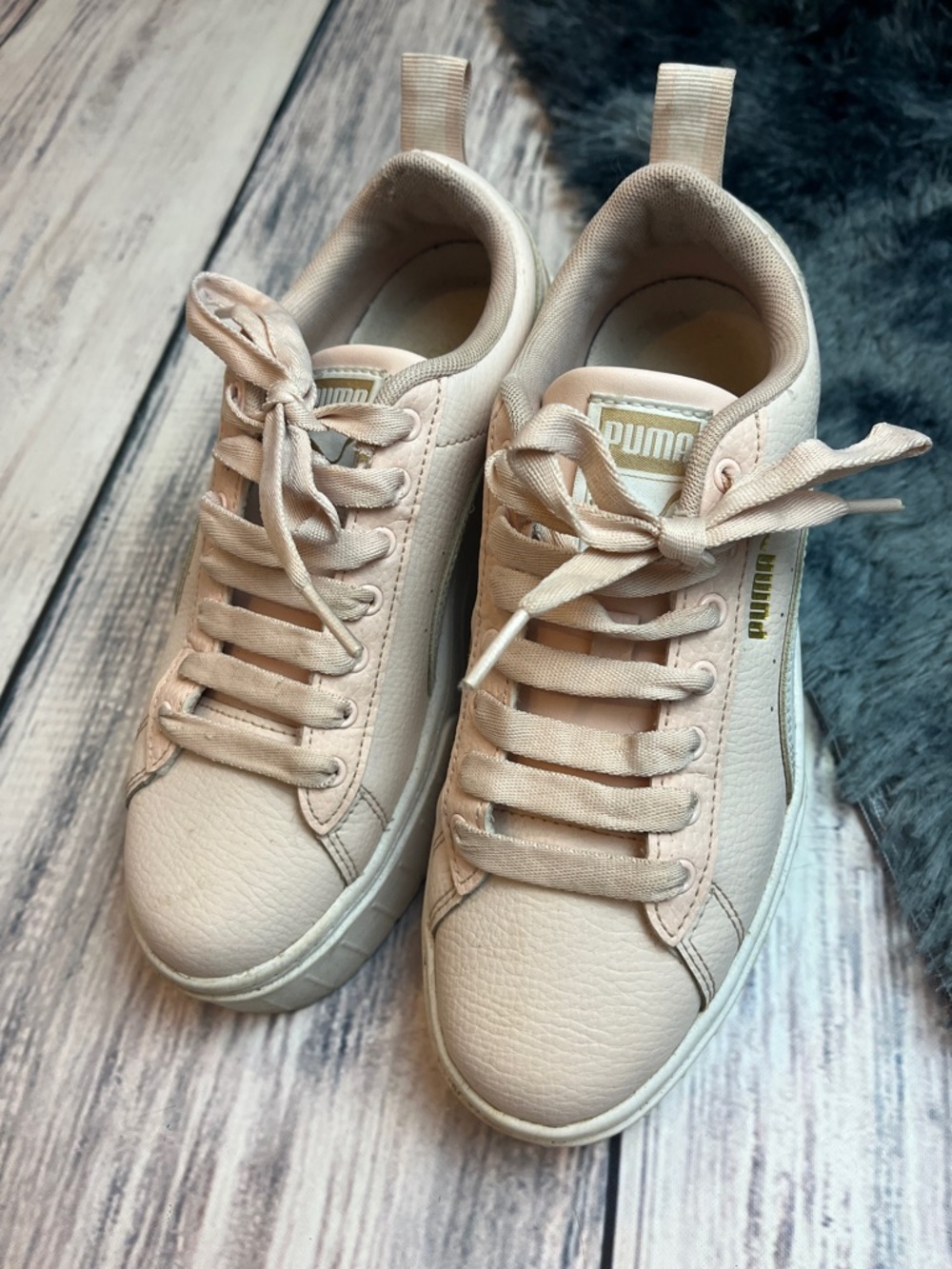 PUMA Pale Pink Platform Lace-Up Sneakers with White Details and Gold Logo